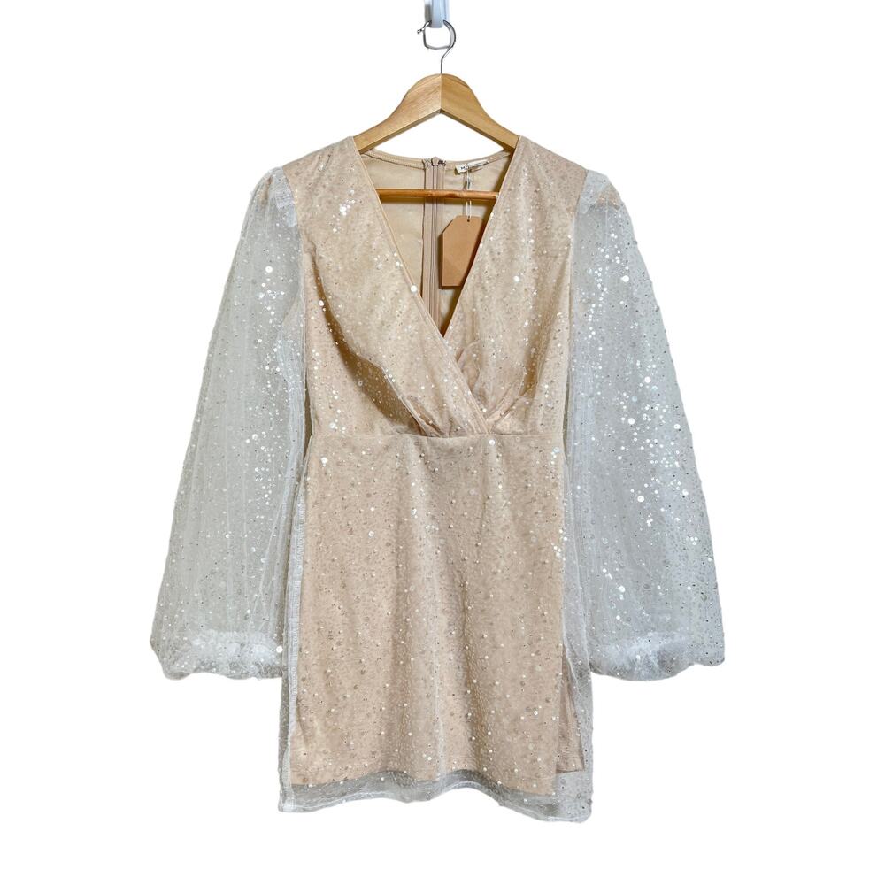 NWT Mainstrip Women's Harlow Sequin Pearl Puff Sleeve Cream Mini Dress Small